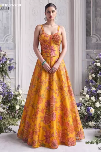 yellow organza printed festival lehenga choli