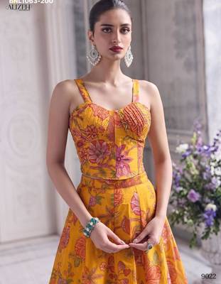 yellow organza printed festival lehenga choli 3