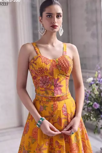 yellow organza printed festival lehenga choli