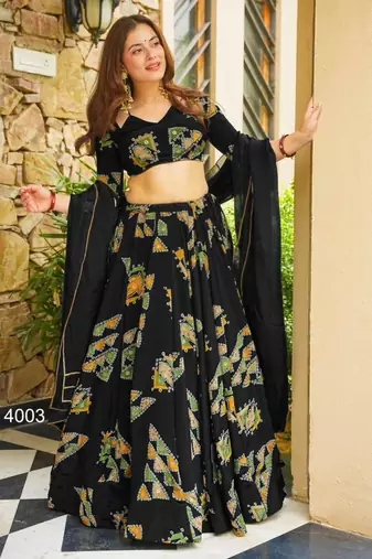 black crepe printed festival lehenga choli