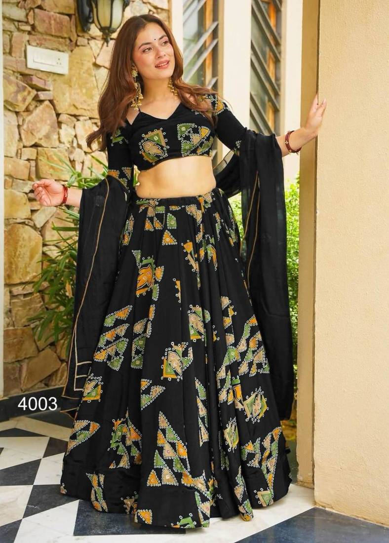 black crepe printed festival lehenga choli