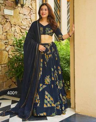 navy blue crepe printed festival lehenga choli 1