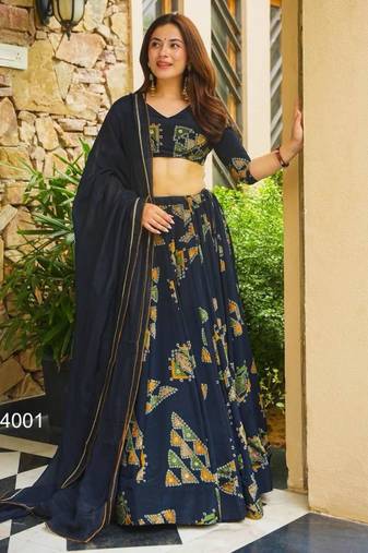 navy blue crepe printed festival lehenga choli