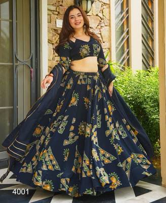 navy blue crepe printed festival lehenga choli 3