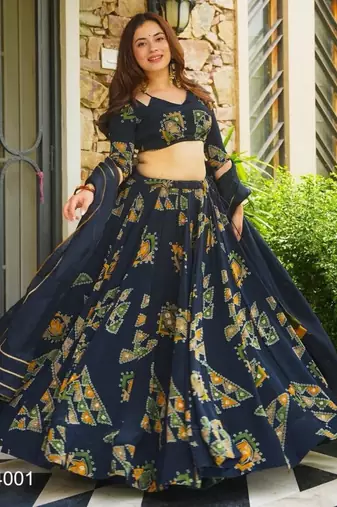 navy blue crepe printed festival lehenga choli