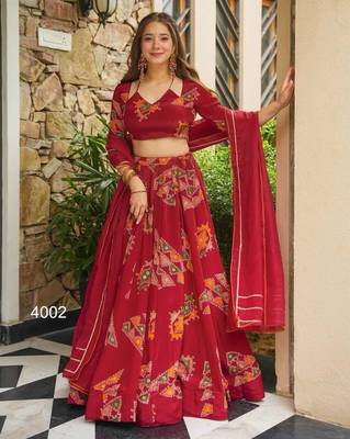 red crepe printed festival lehenga choli 1