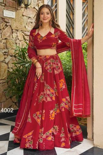 red crepe printed festival lehenga choli
