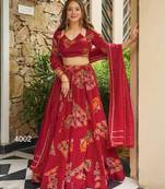 red crepe printed festival lehenga choli