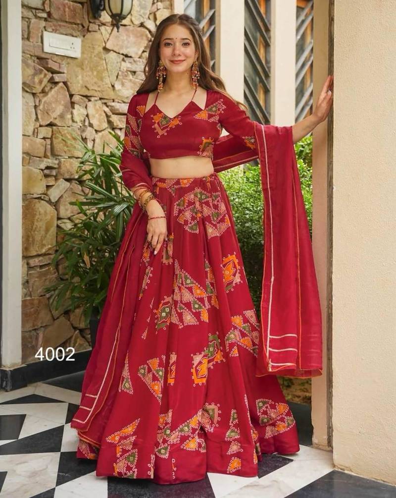 red crepe printed festival lehenga choli