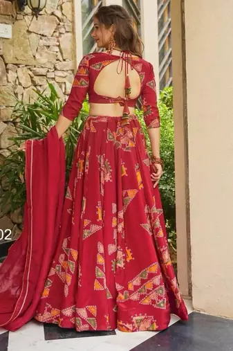 red crepe printed festival lehenga choli