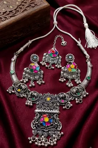 oxidised silver multicolor stone navratri jewellery set with maang tikka