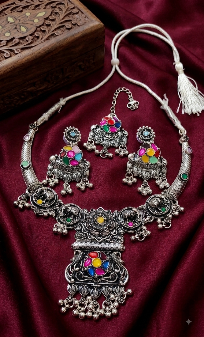 oxidised silver multicolor stone navratri jewellery set with maang tikka