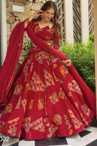 red crepe printed festival lehenga choli