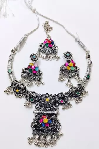 oxidised silver multicolor stone navratri jewellery set with maang tikka