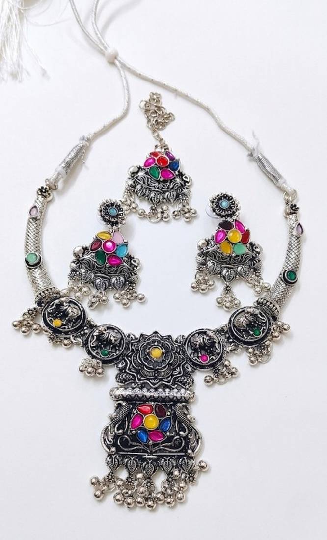 oxidised silver multicolor stone navratri jewellery set with maang tikka