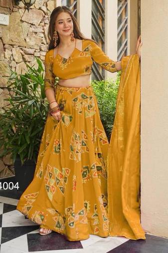 mustard crepe printed festival lehenga choli