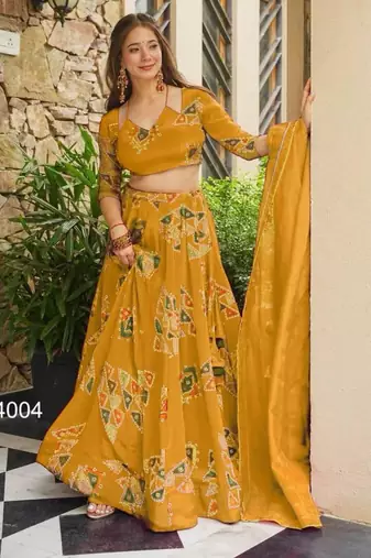 mustard crepe printed festival lehenga choli