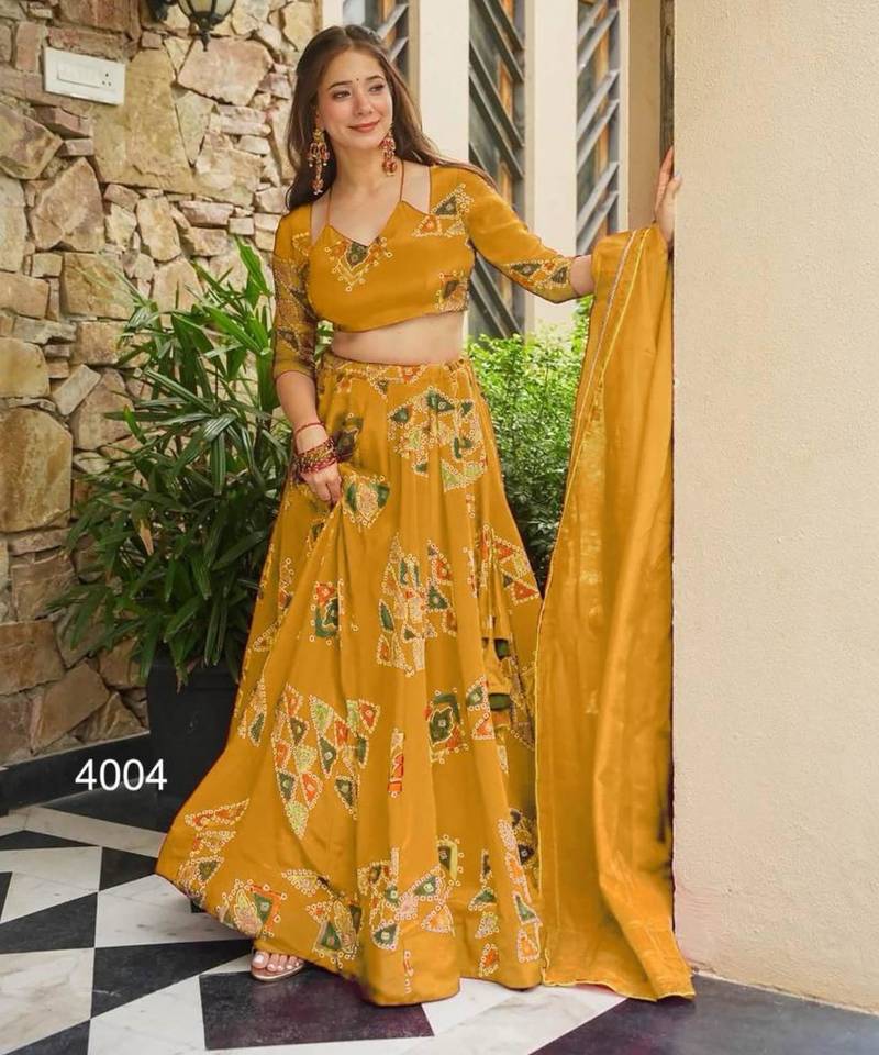 mustard crepe printed festival lehenga choli