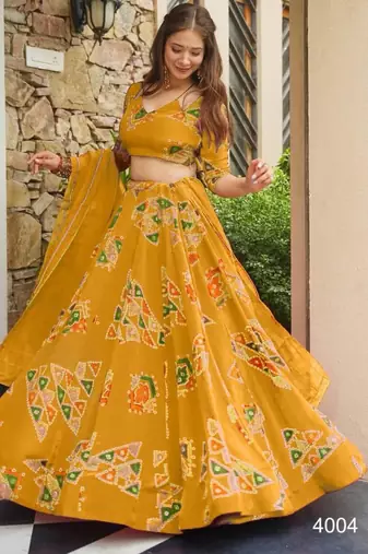 mustard crepe printed festival lehenga choli
