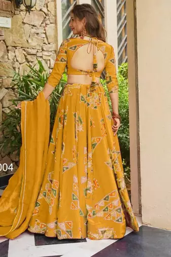 mustard crepe printed festival lehenga choli