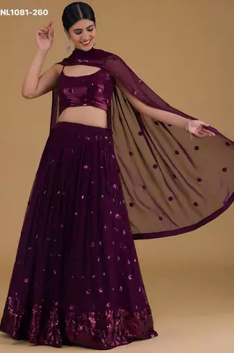 plum georgette embroidered wedding lehenga choli