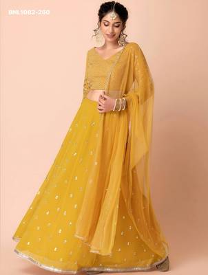 mustard georgette embroidered wedding lehenga choli 1