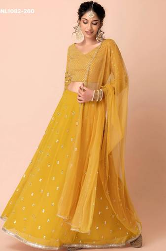 mustard georgette embroidered wedding lehenga choli