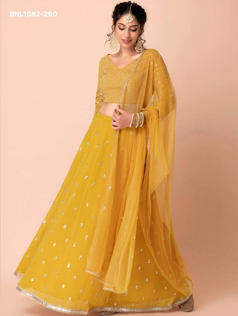 mustard georgette embroidered wedding lehenga choli