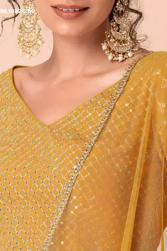 mustard georgette embroidered wedding lehenga choli