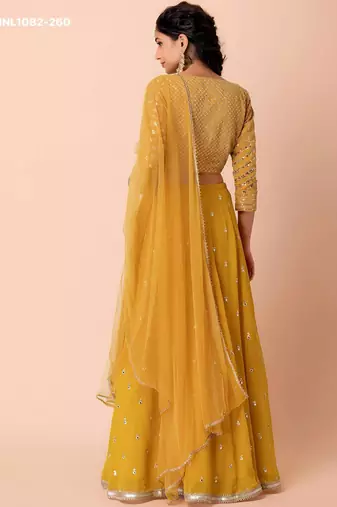 mustard georgette embroidered wedding lehenga choli