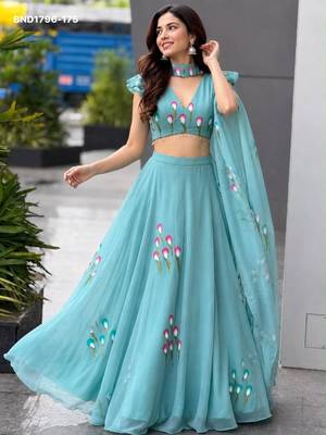 aqua blue georgette printed festival lehenga choli 1