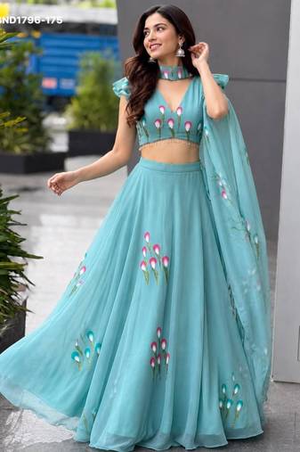 aqua blue georgette printed festival lehenga choli
