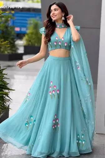 aqua blue georgette printed festival lehenga choli