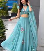 aqua blue georgette printed festival lehenga choli
