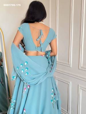 aqua blue georgette printed festival lehenga choli 2