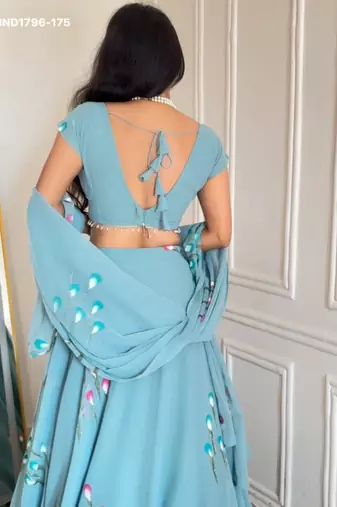 aqua blue georgette printed festival lehenga choli