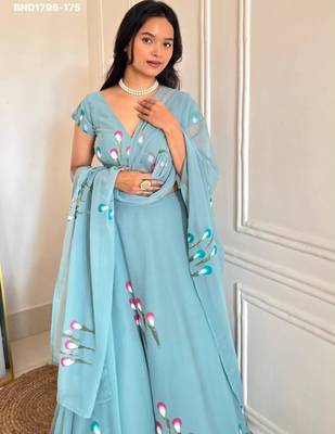 aqua blue georgette printed festival lehenga choli 3