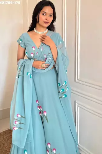 aqua blue georgette printed festival lehenga choli