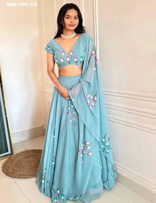 aqua blue georgette printed festival lehenga choli 4
