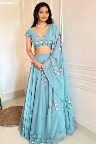 aqua blue georgette printed festival lehenga choli