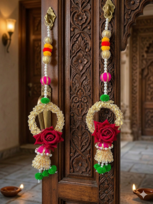 handcrafted floral door hanging with rose & pearl beads  traditional indian festive wall hanging decor (pack of 2) 1