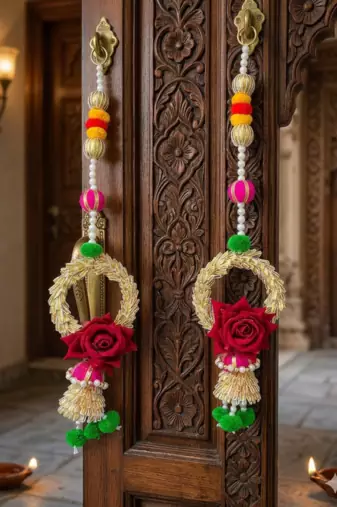handcrafted floral door hanging with rose & pearl beads  traditional indian festive wall hanging decor (pack of 2)