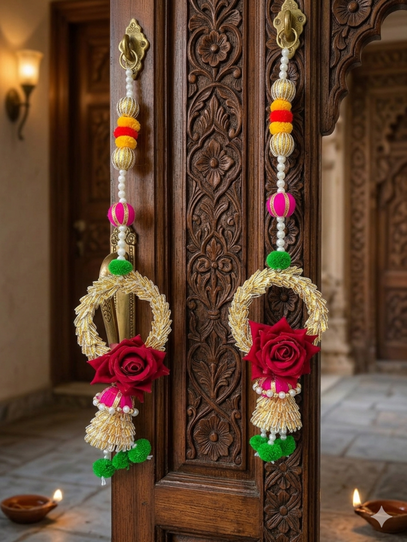 handcrafted floral door hanging with rose & pearl beads  traditional indian festive wall hanging decor (pack of 2)