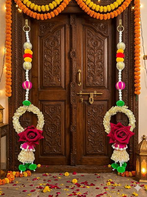 handcrafted floral door hanging with rose & pearl beads  traditional indian festive wall hanging decor (pack of 2) 3