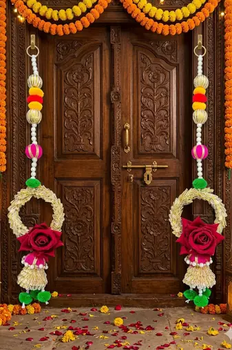 handcrafted floral door hanging with rose & pearl beads  traditional indian festive wall hanging decor (pack of 2)