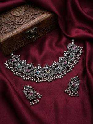 oxidized silver choker necklace set with mirror work & hanging jhumkas for women   ethnic festival indian jewelry 1