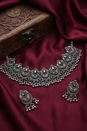 oxidized silver choker necklace set with mirror work & hanging jhumkas for women   ethnic festival indian jewelry
