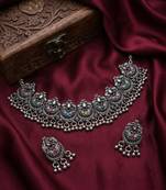 oxidized silver choker necklace set with mirror work & hanging jhumkas for women   ethnic festival indian jewelry