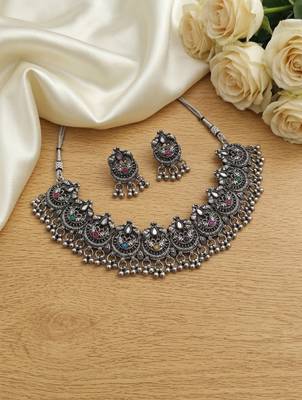 oxidized silver choker necklace set with mirror work & hanging jhumkas for women   ethnic festival indian jewelry 2