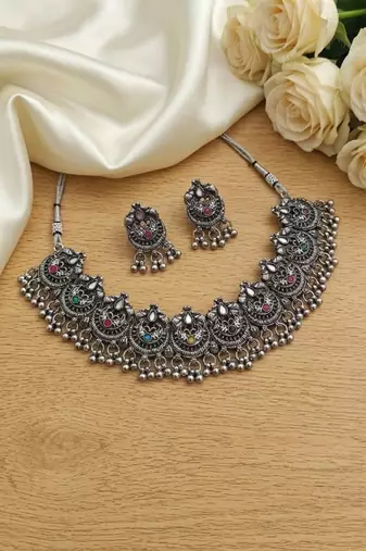 oxidized silver choker necklace set with mirror work & hanging jhumkas for women   ethnic festival indian jewelry